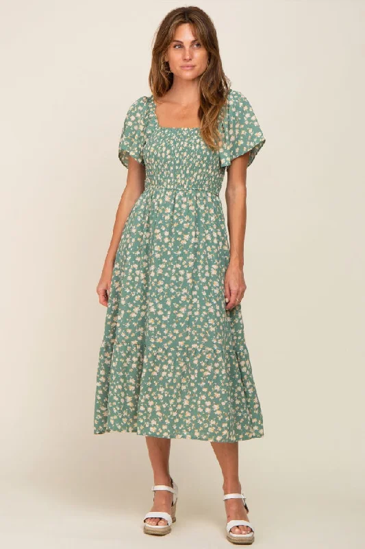 Affordable Women's Clothing Online Light Olive Floral Smocked Midi Dress