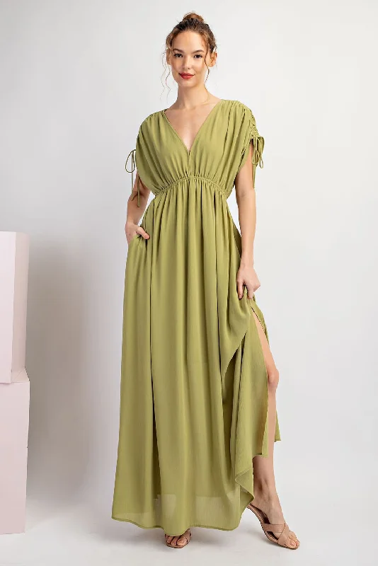 Women's Effortless Casual Outfit Light Olive V-Neck Drawstring Short Sleeve Side Slit Maxi Dress