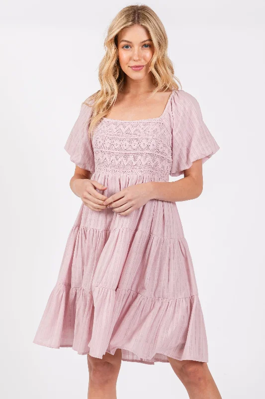 Women's Stylish Professional Apparel Light Pink Crochet Tiered Dress