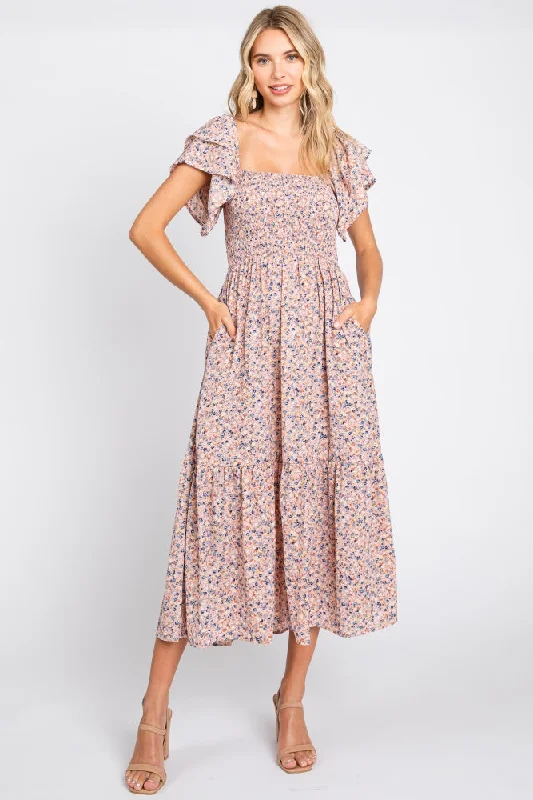 Online Boutique Clothing Light Pink Floral Flutter Midi Dress