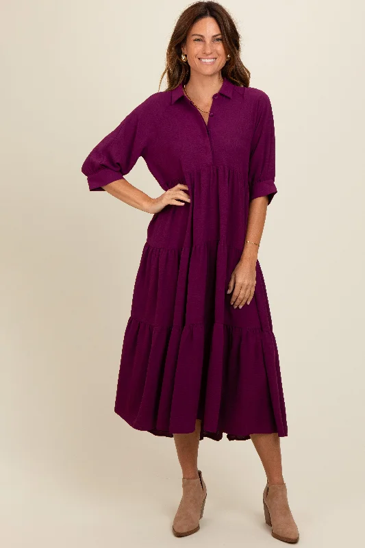 Holiday Gift Guide Sale Magenta Collared Button Up Tiered Midi Dress