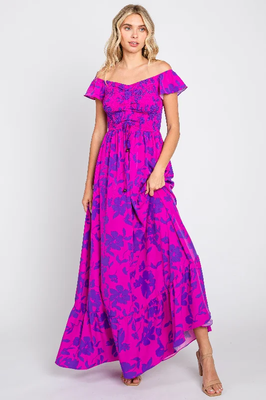 Women's Clothing Magenta Floral Smocked Cinched Top Maxi Dress