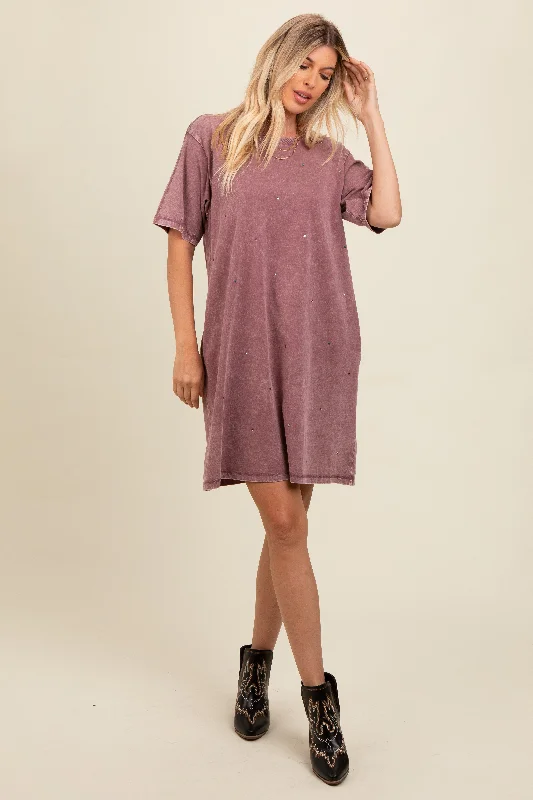 Modern Women's Outfit Mauve Rhinestone Mineral Washed T-Shirt Dress