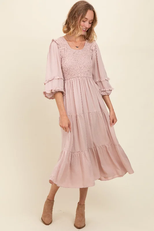 Relaxed Fashion Mauve Smocked Ruffle Shoulder Tiered Midi Dress