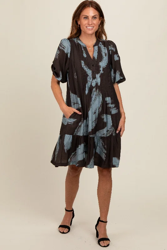 Relaxed Fashion Mocha Abstract Print Button Up Midi Dress