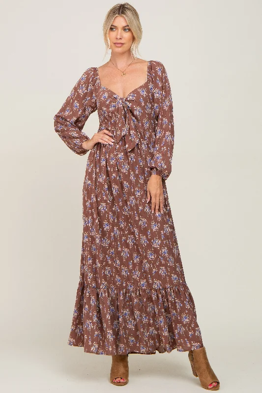 Women's Outerwear Garments Mocha Floral Tie Front Maxi Dress