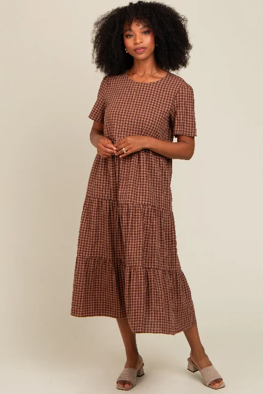 Women's Activewear Attire Mocha Gingham Tiered Midi Dress