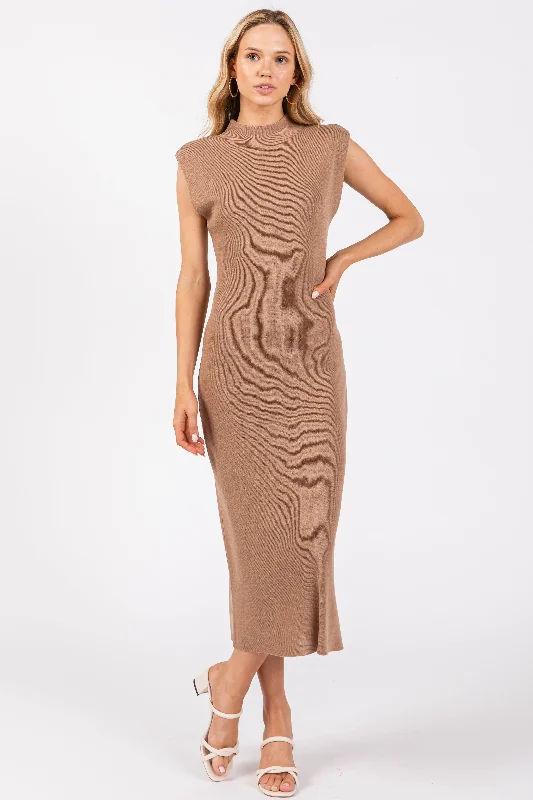 Bold and Elegant Women's Fashion Mocha Knit Mock Neck Midi Dress