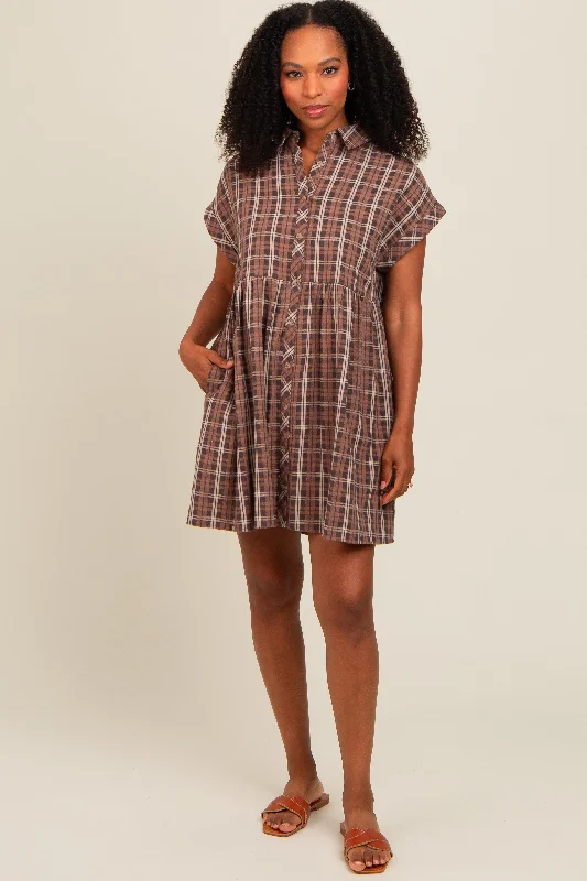 Modern Women's Apparel Mocha Plaid Rolled Cuff Sleeve Button Down Dress