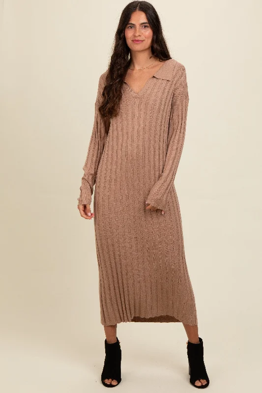 Stylish Dresses for Women Mocha Ribbed Collared Midi Sweater Dress