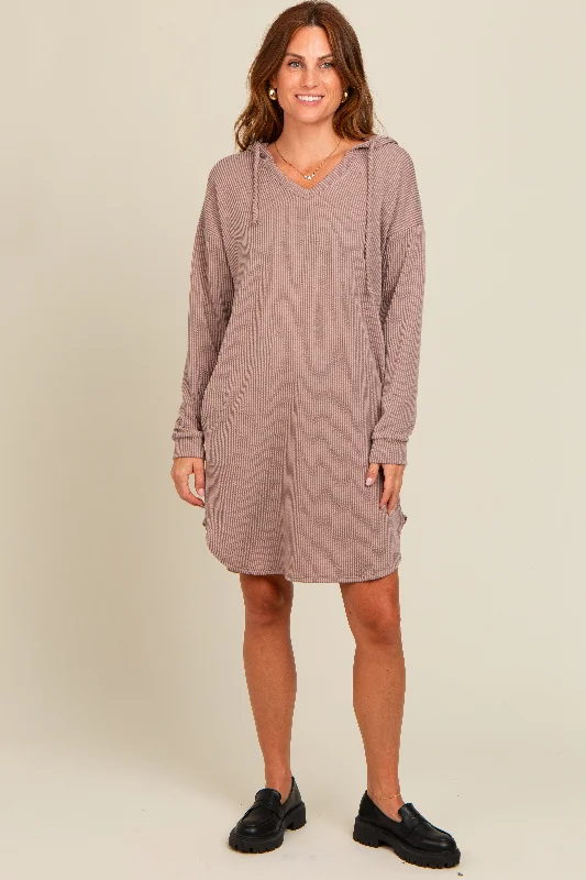 Casual Fashion Trends for Women Mocha Ribbed Hoodie Dress