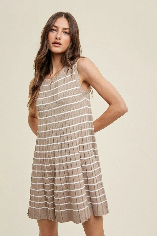 Affordable Fashion for Women Mocha Striped Pleated Dress