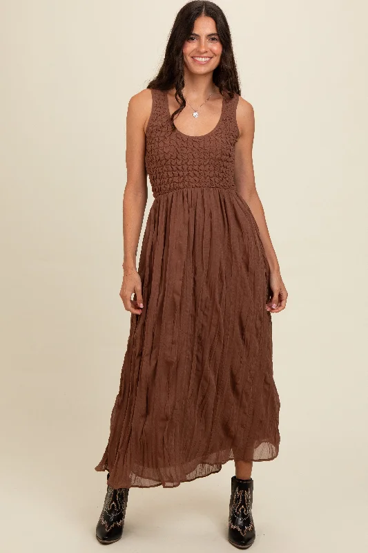 Comfy Women's Outfits for Daily Wear Mocha Textured Smocked Bodice Sleeveless Maxi Dress