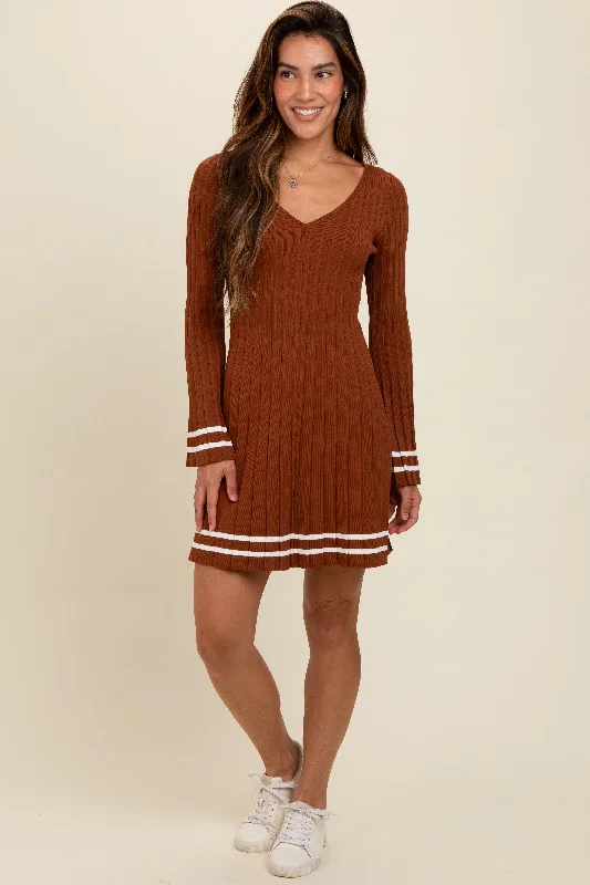 Stylish Savings Mocha V-Neck Pleated Knit Dress