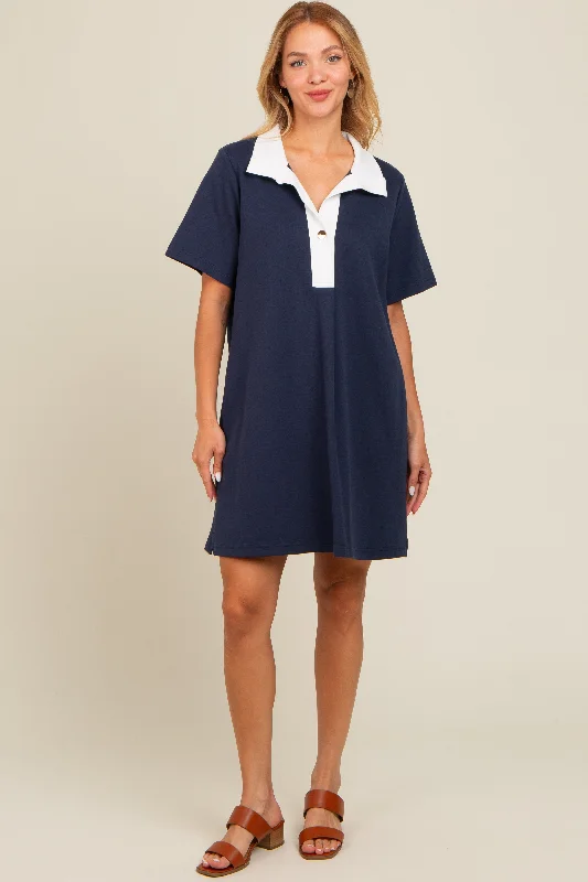 Women's Activewear Garments Navy Blue Contrast Collar Polo Dress