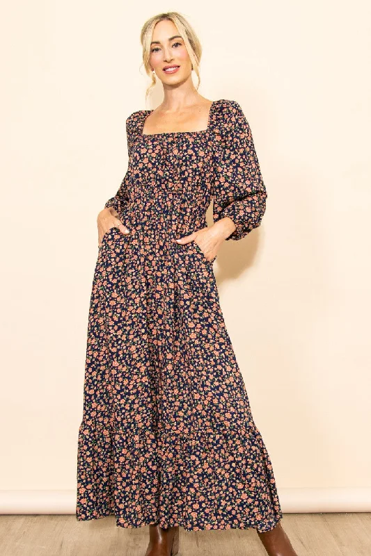 Clearance Sale Navy Blue Floral Square Neck Ruffle Maxi Dress