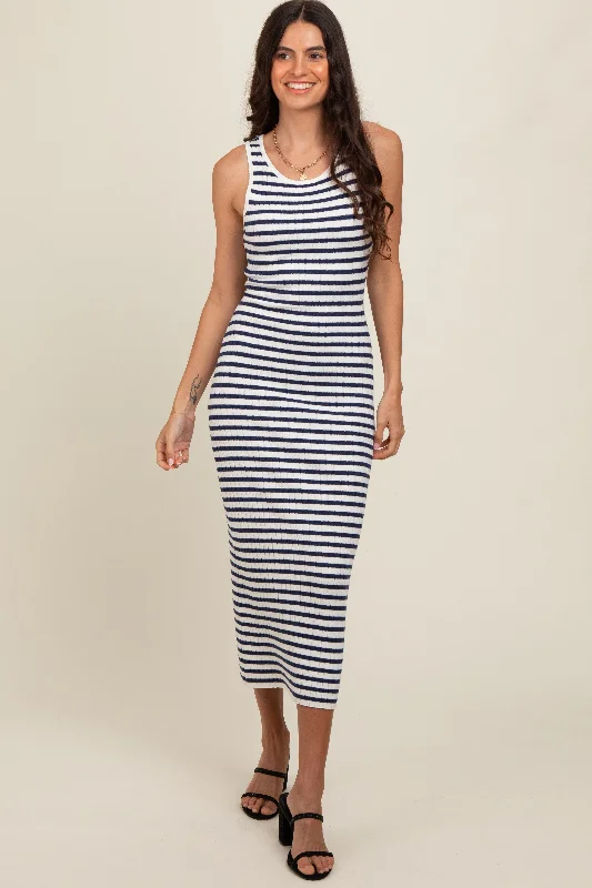 Women Online Clothing Boutiques Navy Blue Sleeveless Round Neck Striped Rib Sweater Midi Dress