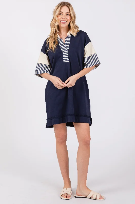 Casual Style for Busy Women Navy Blue Striped Color Block Collared Terry Dress