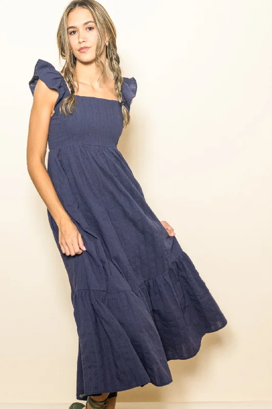 Chic Casual Style Navy Blue Textured Cotton Ruffle Strap Midi Dress