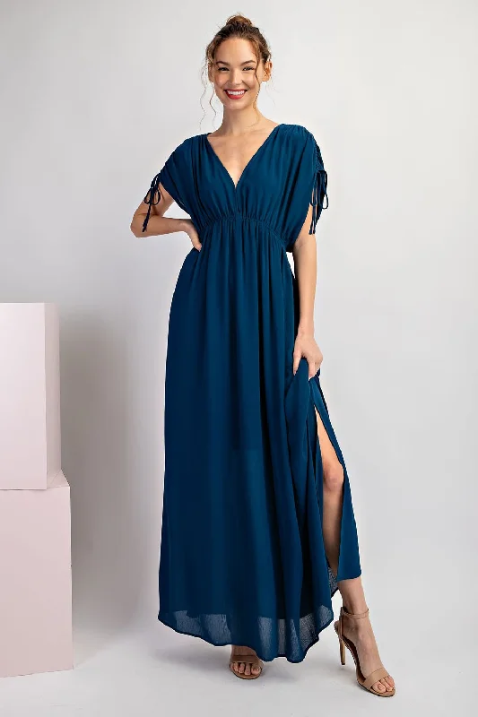 Women's High-Fashion Outfit Navy Blue V-Neck Drawstring Short Sleeve Side Slit Maxi Dress