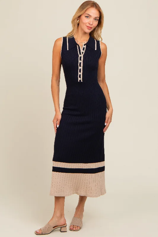 Formal Garments For Women Navy Knit Button Front Contrast Border Midi Dress