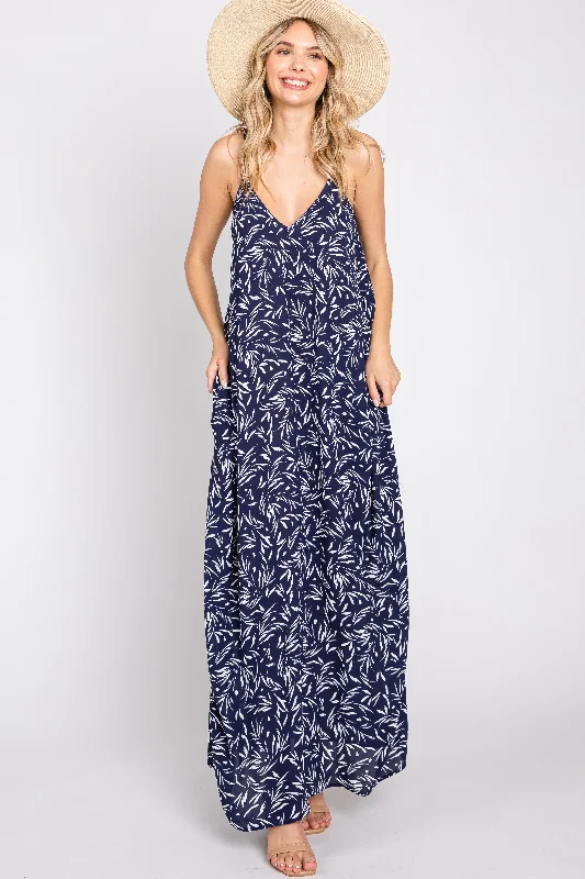 Clothing Sales Navy Leaf Print Double V-Neck Maxi Dress