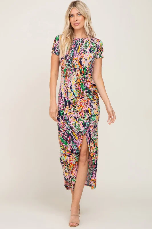 Women's Office Outfit Navy Multi-Color Floral Side Slit Maxi Dress