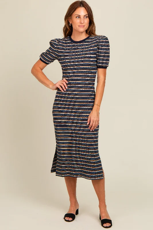 Women's Trendy Casual Outfit Navy Multi Striped Puff Sleeve Midi Dress