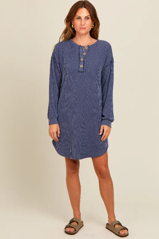 Online Boutiques Affordable Navy Ribbed Button Accent Dress