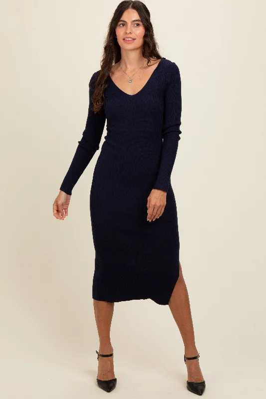 Comfortable Women's Clothes Navy Ribbed Knit Side Slit Midi Dress