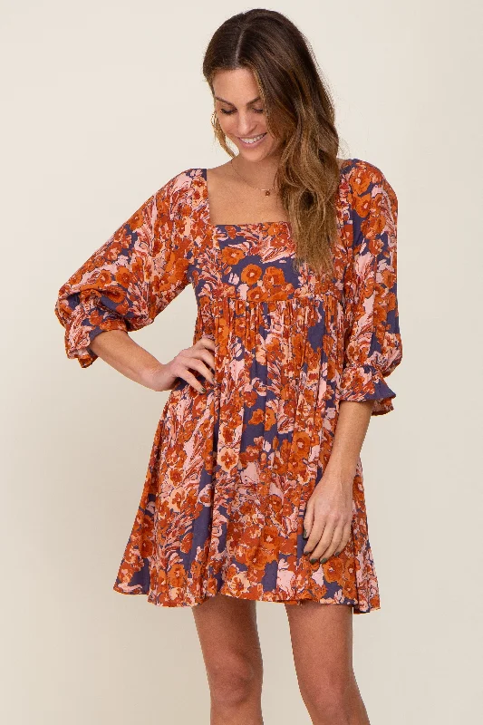 Women's Stylish Outdoor Outfit Navy Rust Floral Puff Sleeve Mini Dress