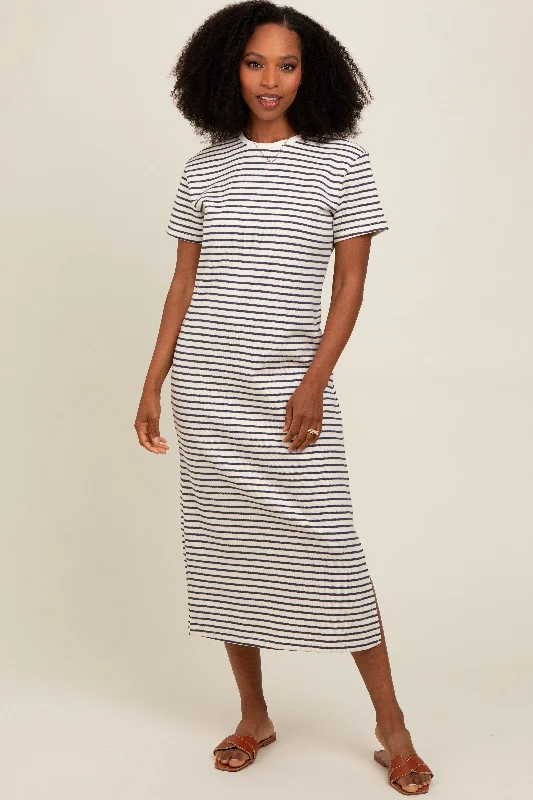 Earthy Tones Navy Striped Short Sleeve T-Shirt Midi Dress