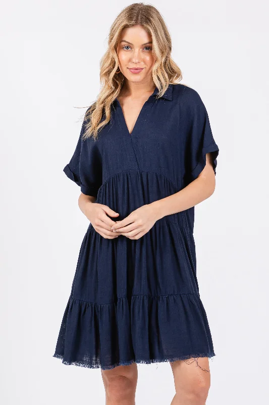 Women's Elegant Formal Outfit Navy Tiered Linen Dress