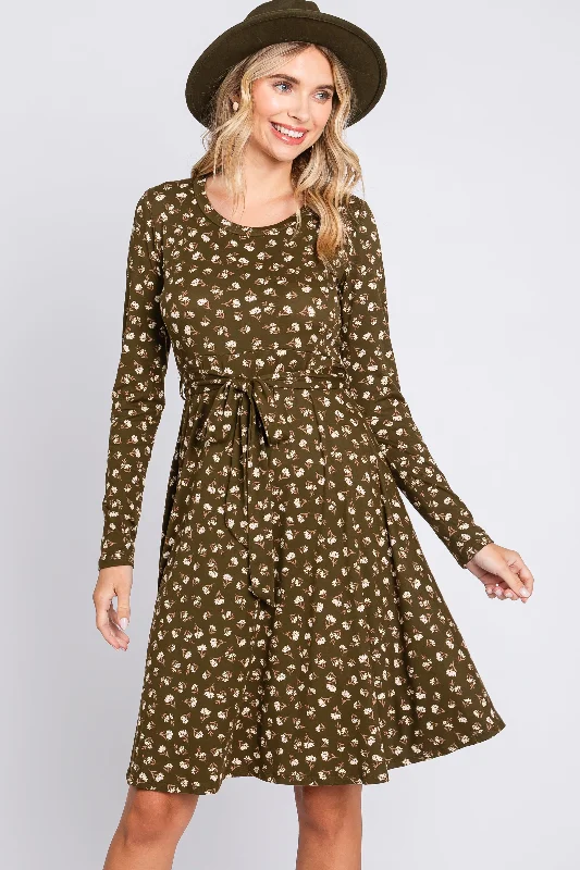 Limited Time Offer Olive Floral Soft Knit Long Sleeve Dress