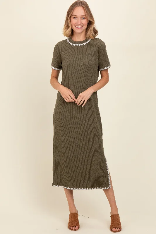 Women's Romantic Outfit Olive Green Ribbed Embroidered Trim Short Sleeve Midi Dress