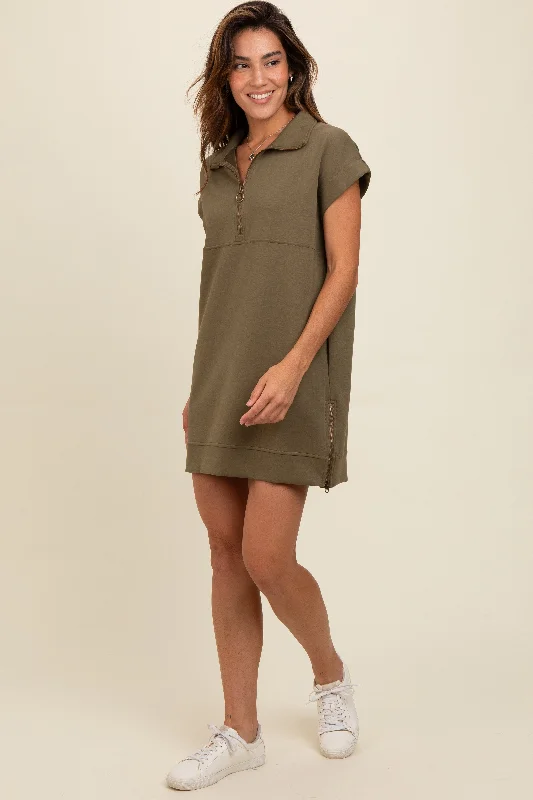 Comfortable Women's Apparel Olive Knit Half Zip Mini Dress