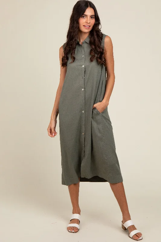 Women's Vintage Garments Olive Linen Button Down Midi Dress