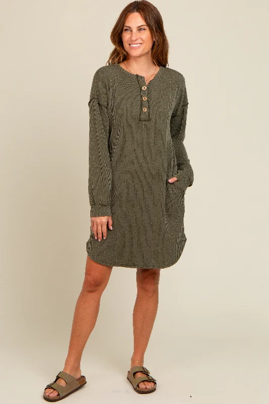 Women's Online Boutique Olive Ribbed Button Accent Dress