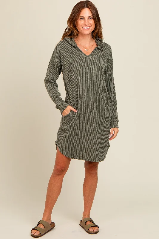 Casual Chic for Women Olive Ribbed Hoodie Dress