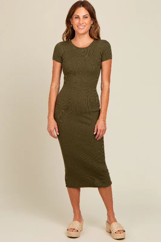 Women's Layered Outfit Olive Short Sleeve Rib Knit Midi Dress