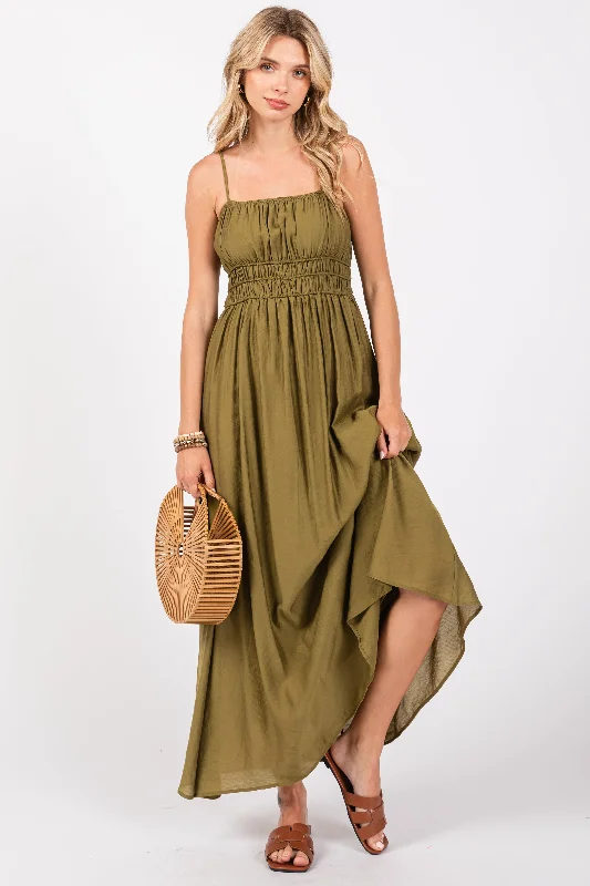 Elegant Clothing Olive Sleeveless Square Neckline Maxi Dress