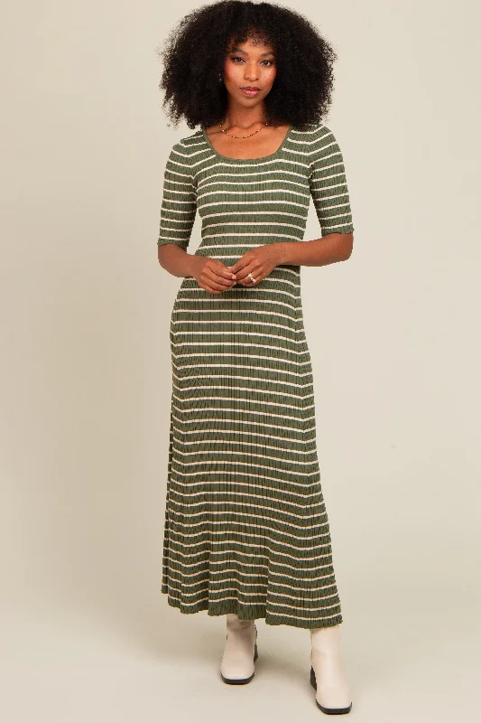 Feminine Dresses for Women in Bold Prints Olive Striped Ribbed Short Sleeve Maxi Dress