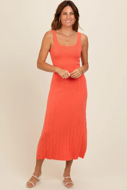 High-End Women's Apparel Orange Knit Ribbed Fitted Midi Dress