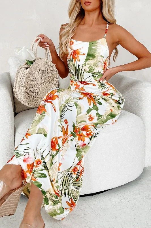 Women's Trendy Clothes Palm Paradise Tropical Satin Maxi Dress (Off White/Multi)