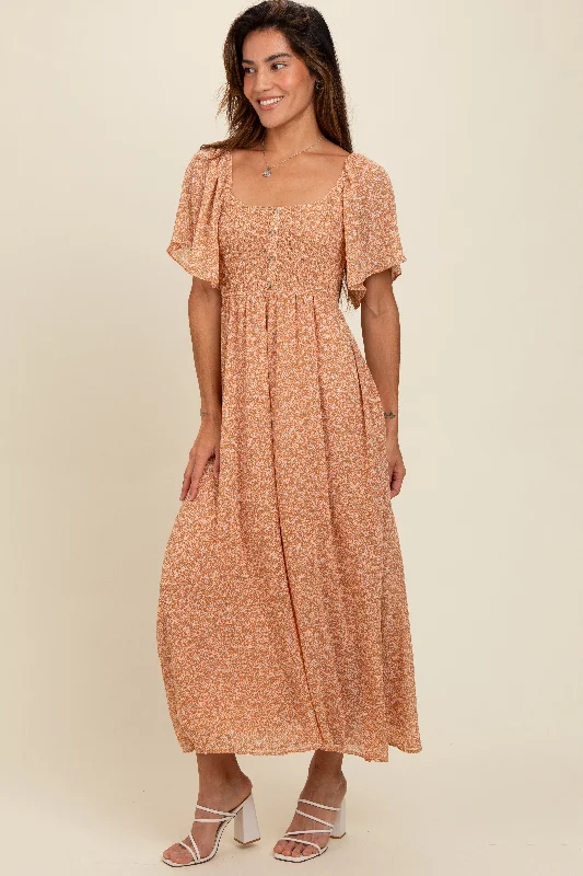 Comfortable Garments For Women Peach Floral Smocked Button Accent Maxi Dress