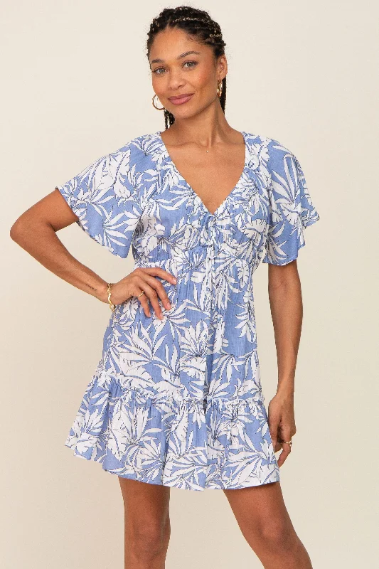 Affordable Women's Clothing Sale Online Periwinkle Palm Print Short Sleeve Ruffle Dress