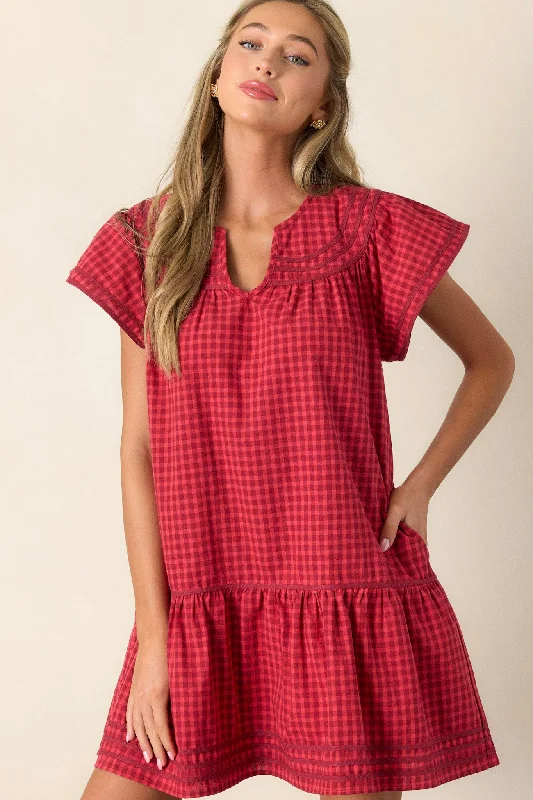 Women's Apparel Picnic Day 100% Cotton Red Gingham Mini Dress