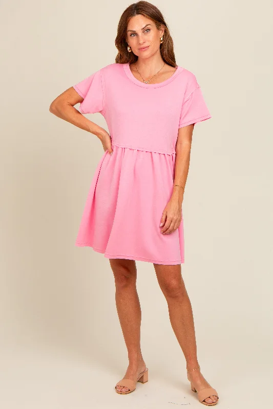 Women's Weekend Outfit Pink Cut Edge Short Sleeve Dress