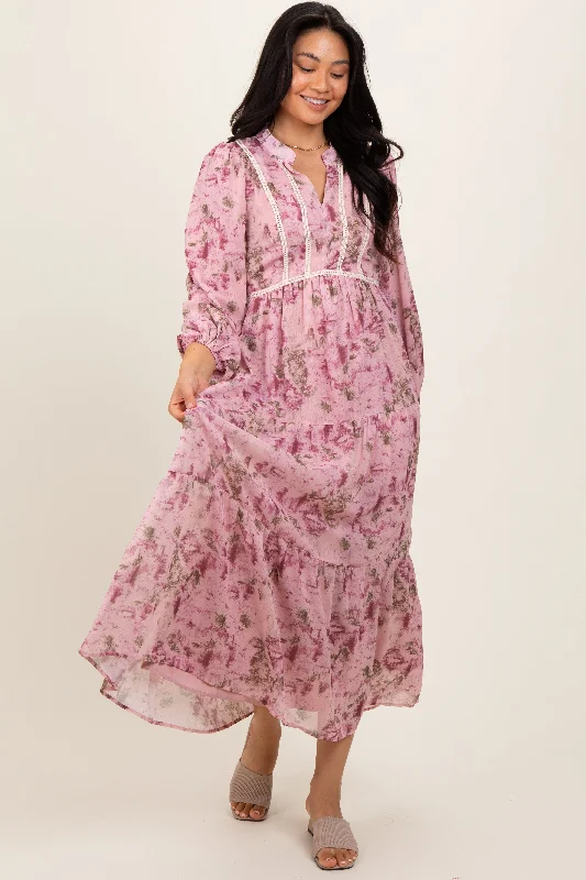 Season Sale Pink Floral Lace Trim Maxi Dress