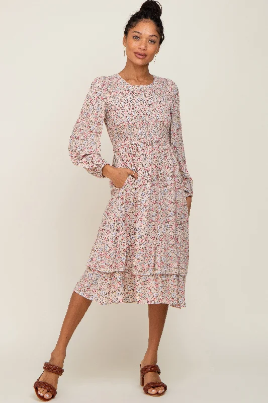 Women's Seasonal Attire Pink Floral Smocked Long Sleeve Midi Dress